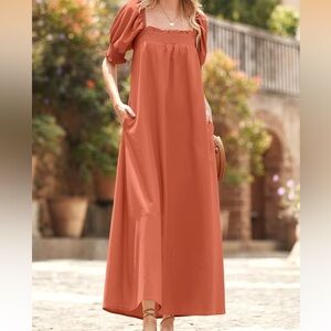 Kirundo Smocked Puff-Sleeve Maxi Dress • Rust Terracotta • Size Small